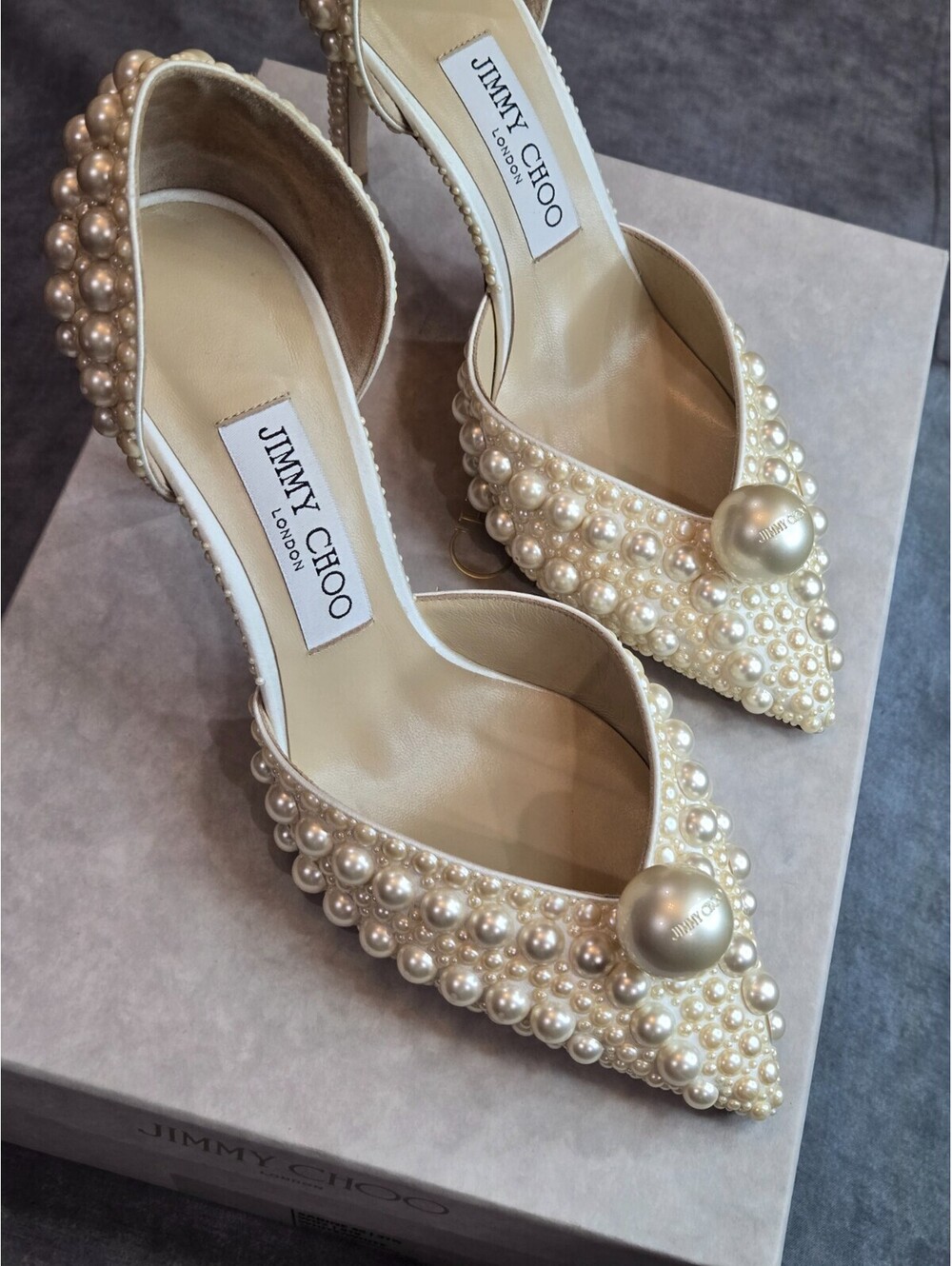 JIMMY CHOO Sabine 85 Satin All Over Pearls Heels Pumps Size 37.5, Original Box - Picture 1 of 11